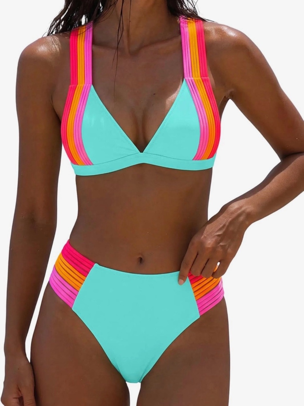 Aqua Stripe-Accent High-Waist Bikini - Women